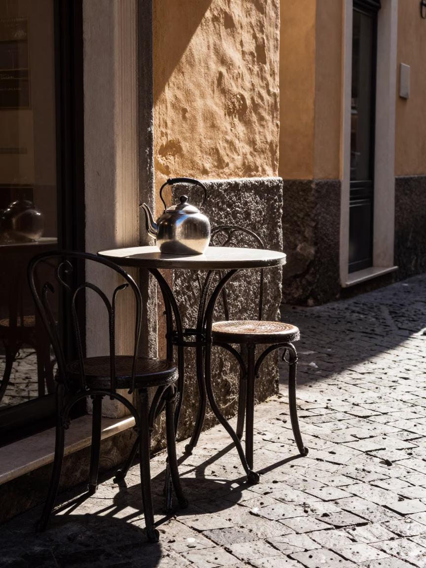 Sunlit Neapolitan Alleyway with Condensation on Stool Leg and Tea Kettle in in Naples, Italy