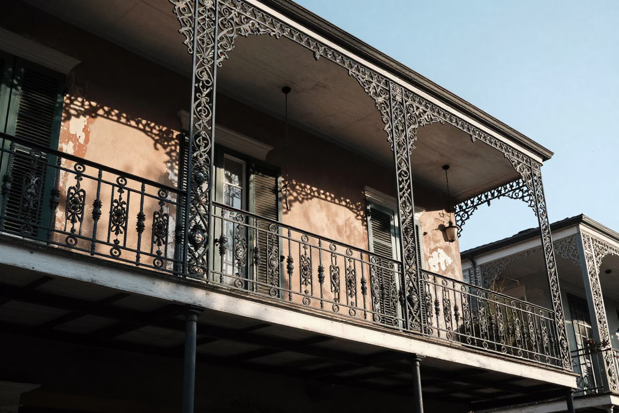 Sunlit New Orleans Balcony with Wicker Shadows and Vintage Majolica Plate in in New Orleans, Louisiana, United States