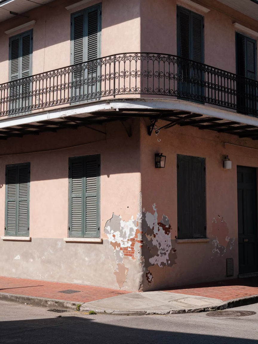 Sunlit New Orleans Street Corner with Iron Balcony and Local Street Scene in in New Orleans, Louisiana, United States