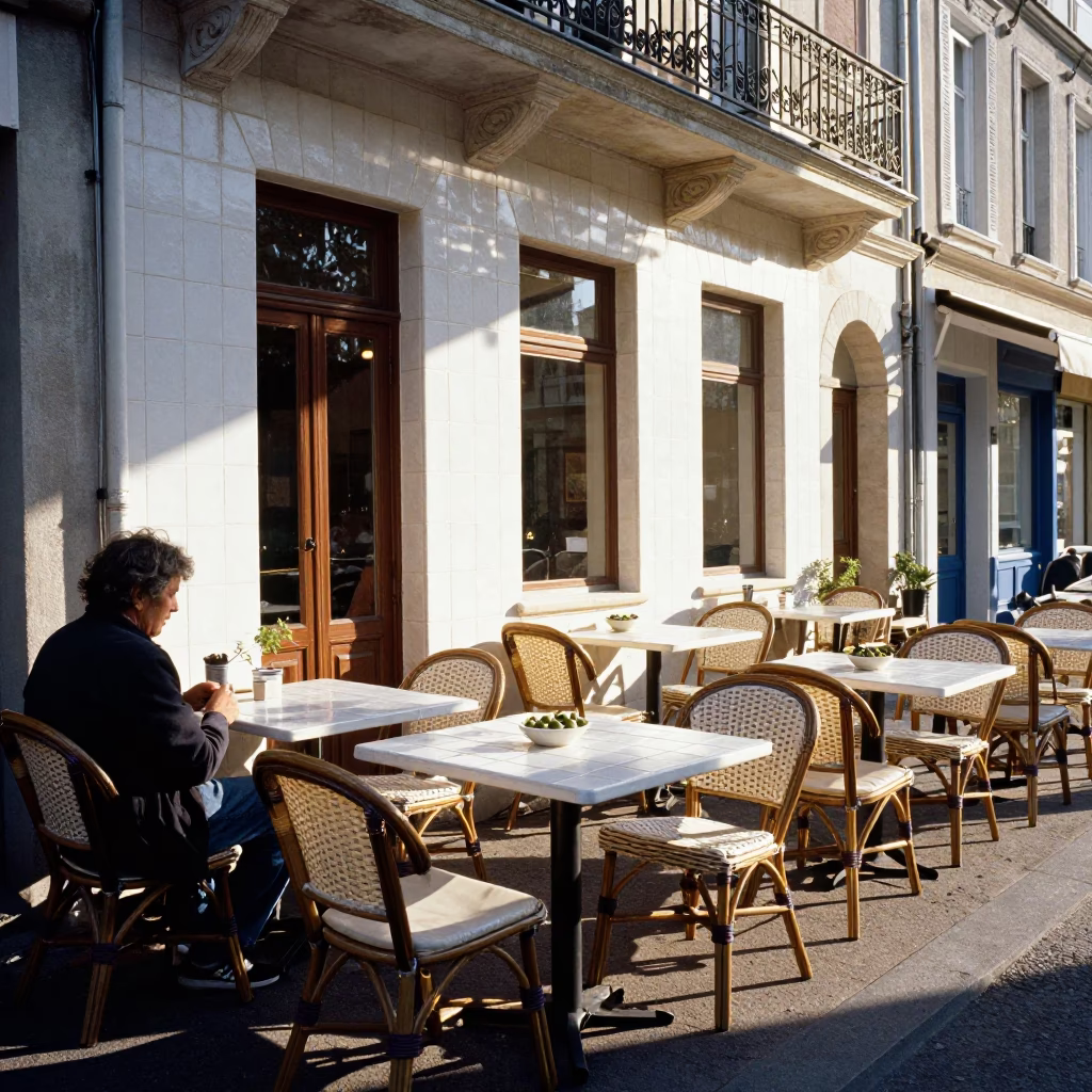 Sunlit Nice Cafe Terrace Morning with Olive Dish and Rusty Pitcher in in Nice, France