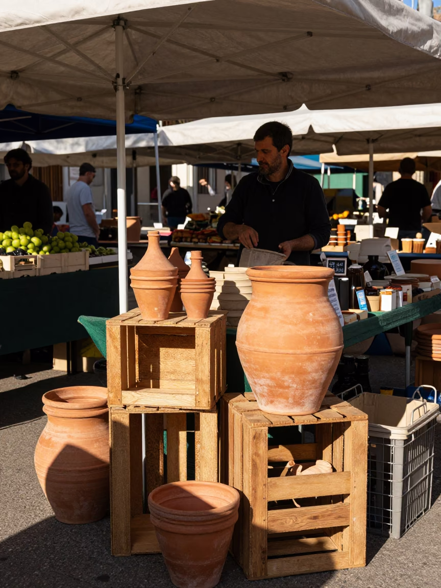 Sunlit Nice Market Stall with Terracotta Pots and Local Produce in Morning Light in in Nice, France