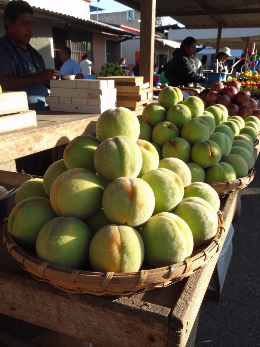 Sunlit Oaxaca Market Stall Displaying Fresh Green Peaches and Local Produce in in Oaxaca, Mexico