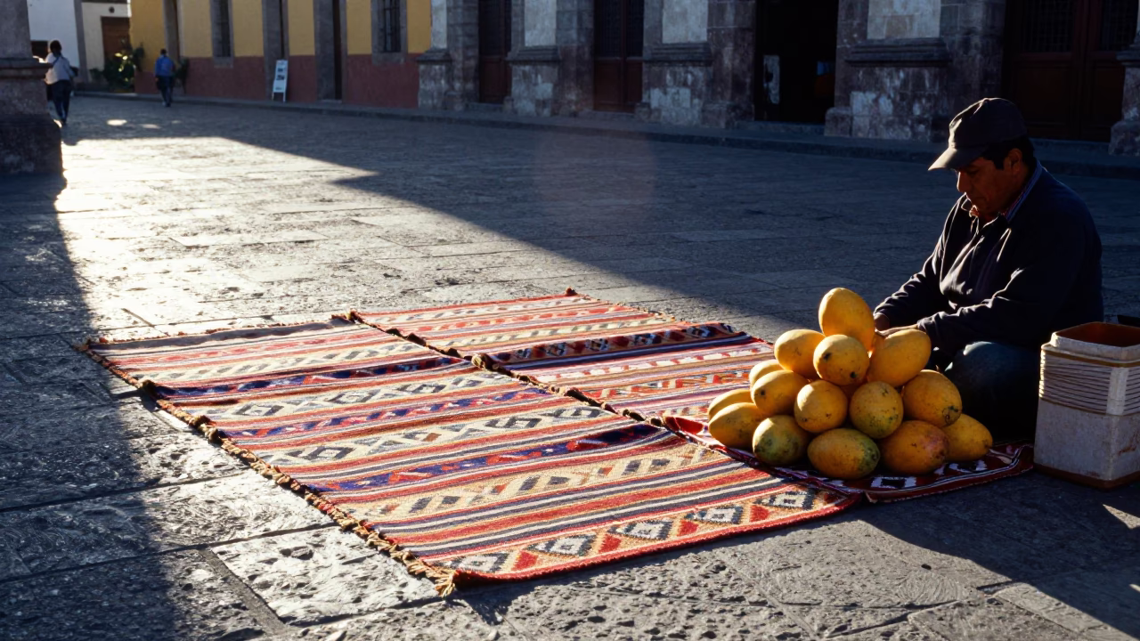 Sunlit Oaxaca Plaza Morning with Woven Mats and Mangoes in in Oaxaca, Mexico
