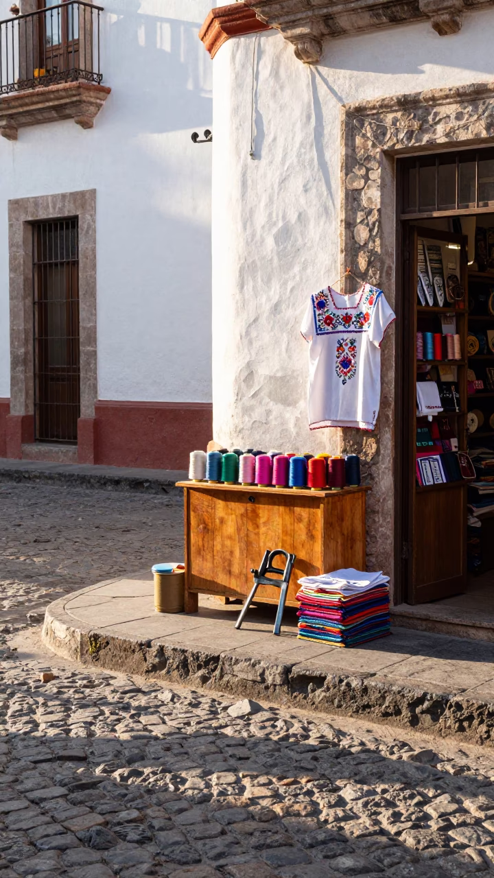 Sunlit Oaxaca Street Corner with Sewing Supplies and Local Commerce in in Oaxaca, Mexico