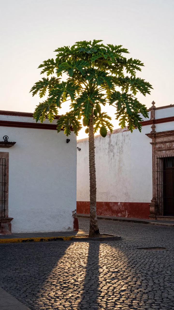 Sunlit Oaxaca Street Scene with Papaya Tree and Morning Market Activity in in Oaxaca, Mexico