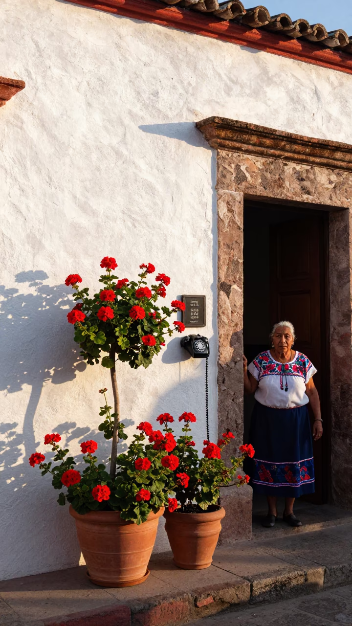 Sunlit Oaxaca Street Scene with Vintage Bakelite Telephone and Colorful Geraniums in in Oaxaca, Mexico