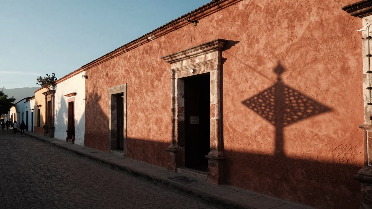Sunlit Oaxaca Street Scene with Wicker Shadow and Local Morning Commerce in in Oaxaca, Mexico