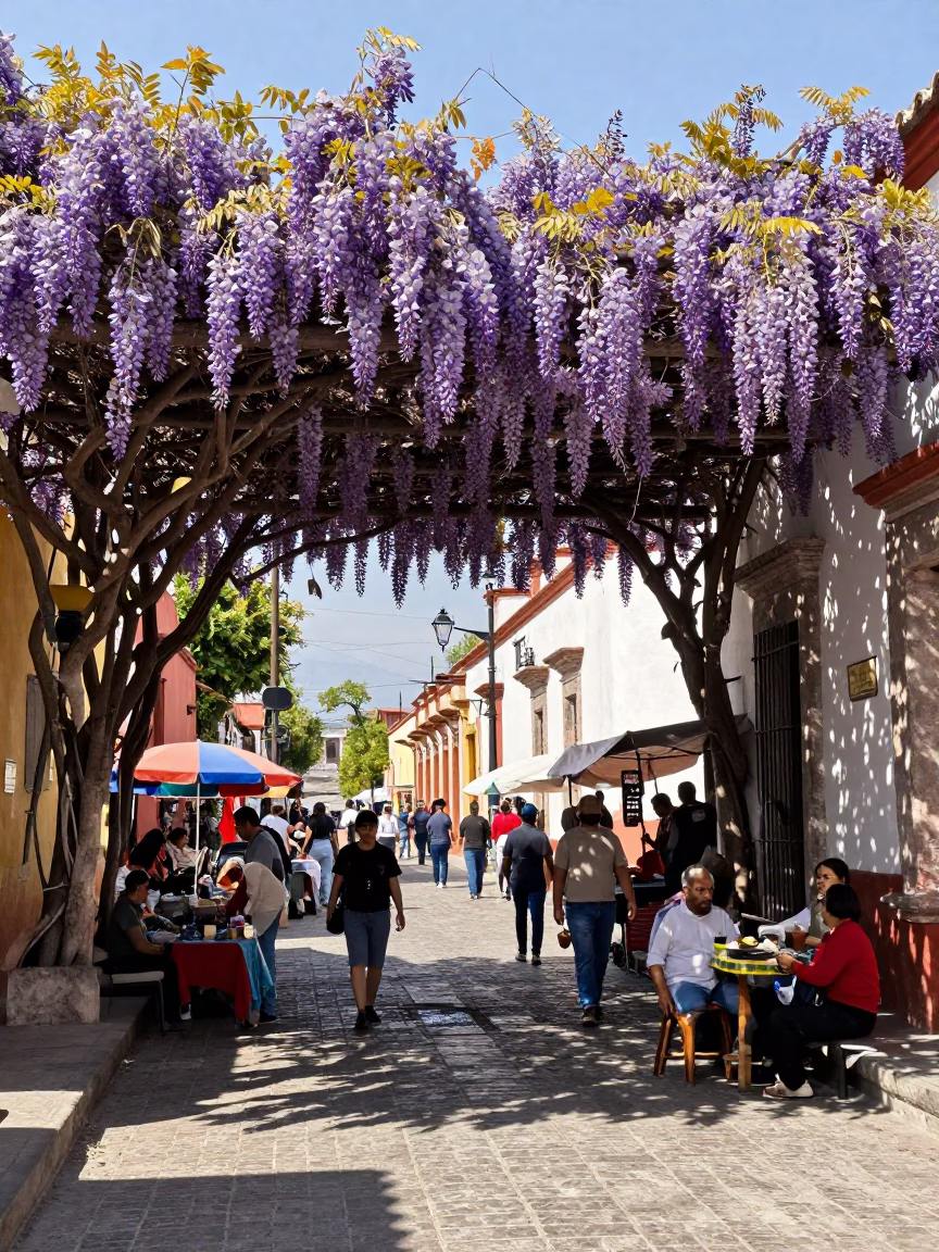 Sunlit Oaxaca Street Scene with Wisteria and Local Market Activity in in Oaxaca, Mexico