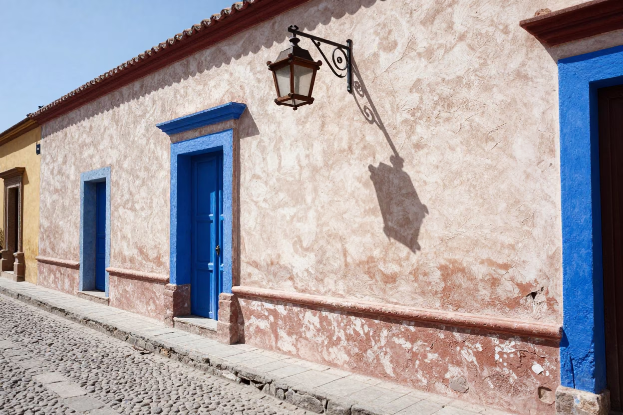 Sunlit Oaxacan Street Scene with Wooden Lantern and Traditional Architecture in Midmorning Light in in Oaxaca, Mexico