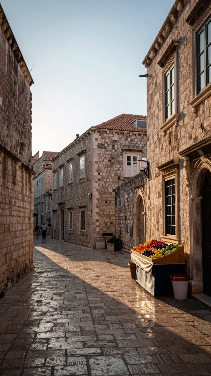 Sunlit Old Town Alleyway with Stone Walls and Local Shopfronts in in Dubrovnik, Croatia