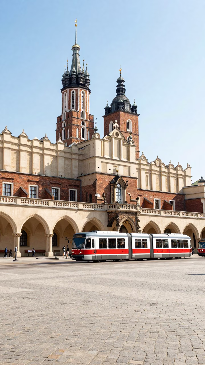 Sunlit Old Town Square in Krakow Poland with Historic Sukiennice Facade and Street Life in in Krakow, Poland
