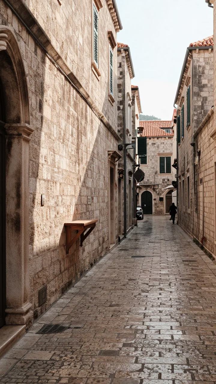 Sunlit Old Town Stone Alleyway in Dubrovnik Croatia Late Morning in in Dubrovnik, Croatia