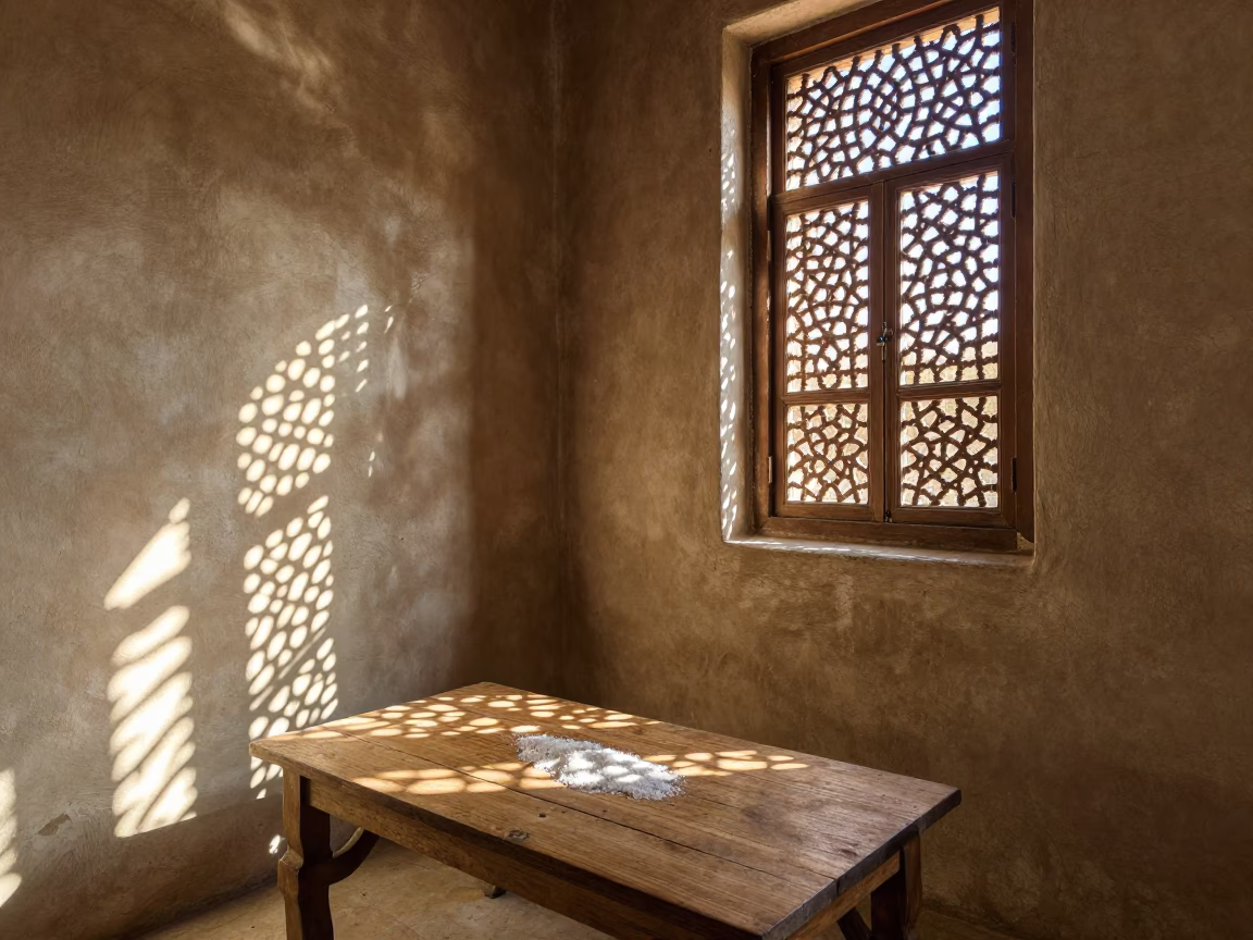 Sunlit Omani Interior with Wicker Shadows and Salt Shaker on Wooden Table in Muscat in in Muscat, Oman