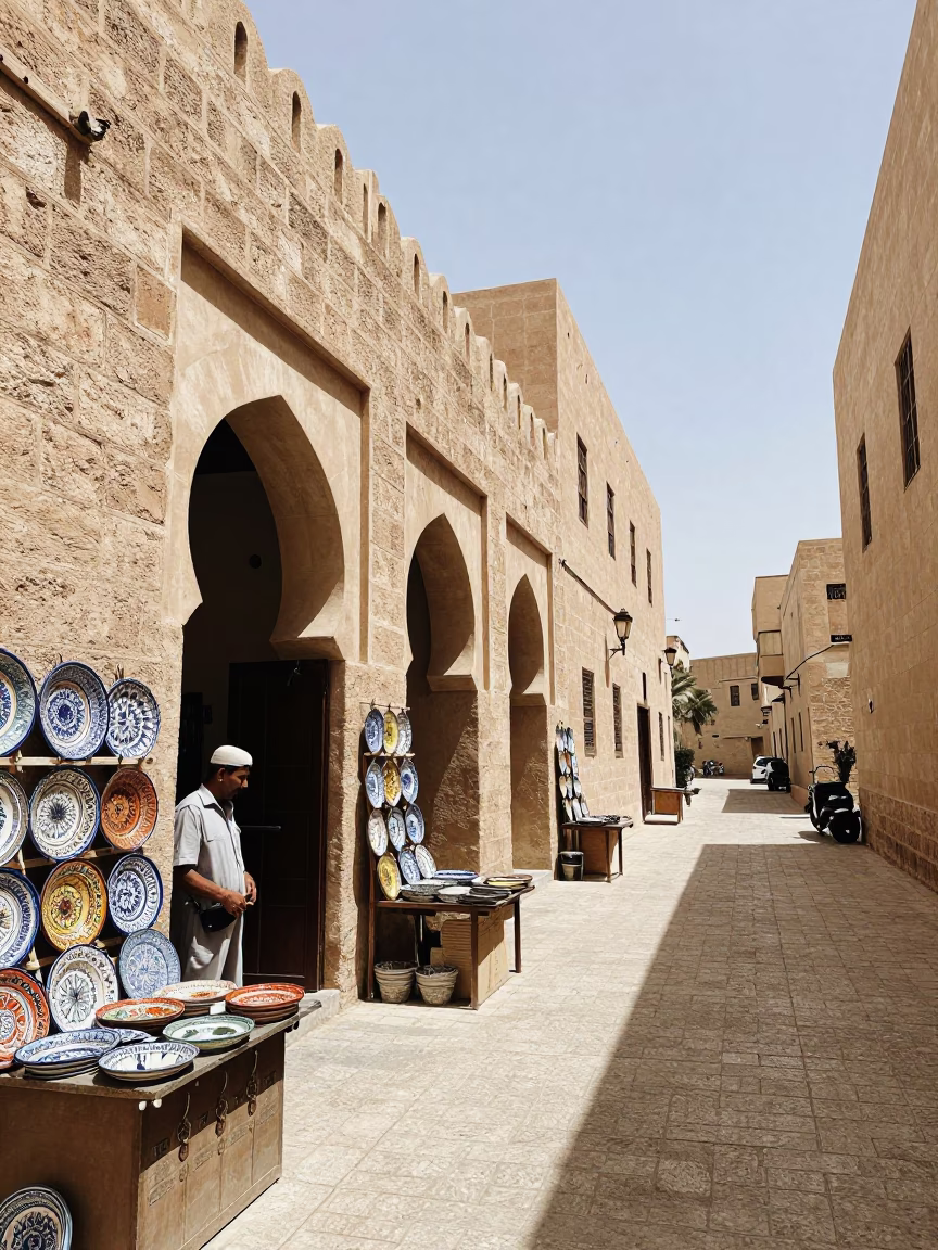 Sunlit Omani Street Scene with Traditional Decor and Local Life in Muscat in in Muscat, Oman