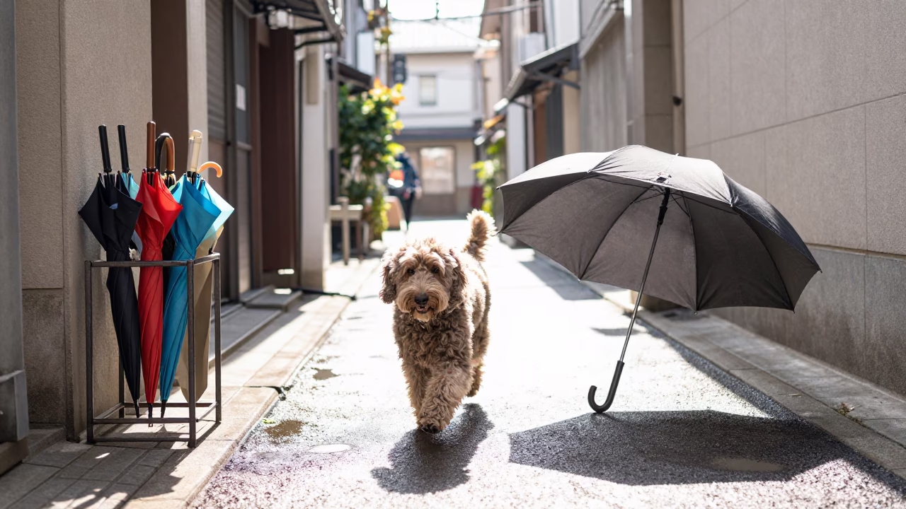 Sunlit Osaka Street Scene with Curly-Coated Retriever and Umbrella Stand in in Osaka, Japan