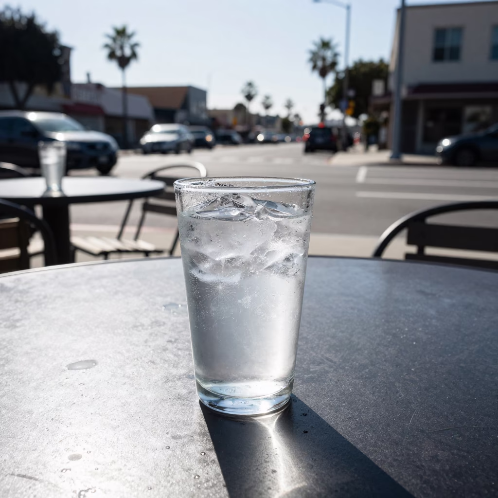 Sunlit Outdoor Cafe Table with Condensation on Glass and Cherry Garnish in San Diego in in San Diego, California, United States