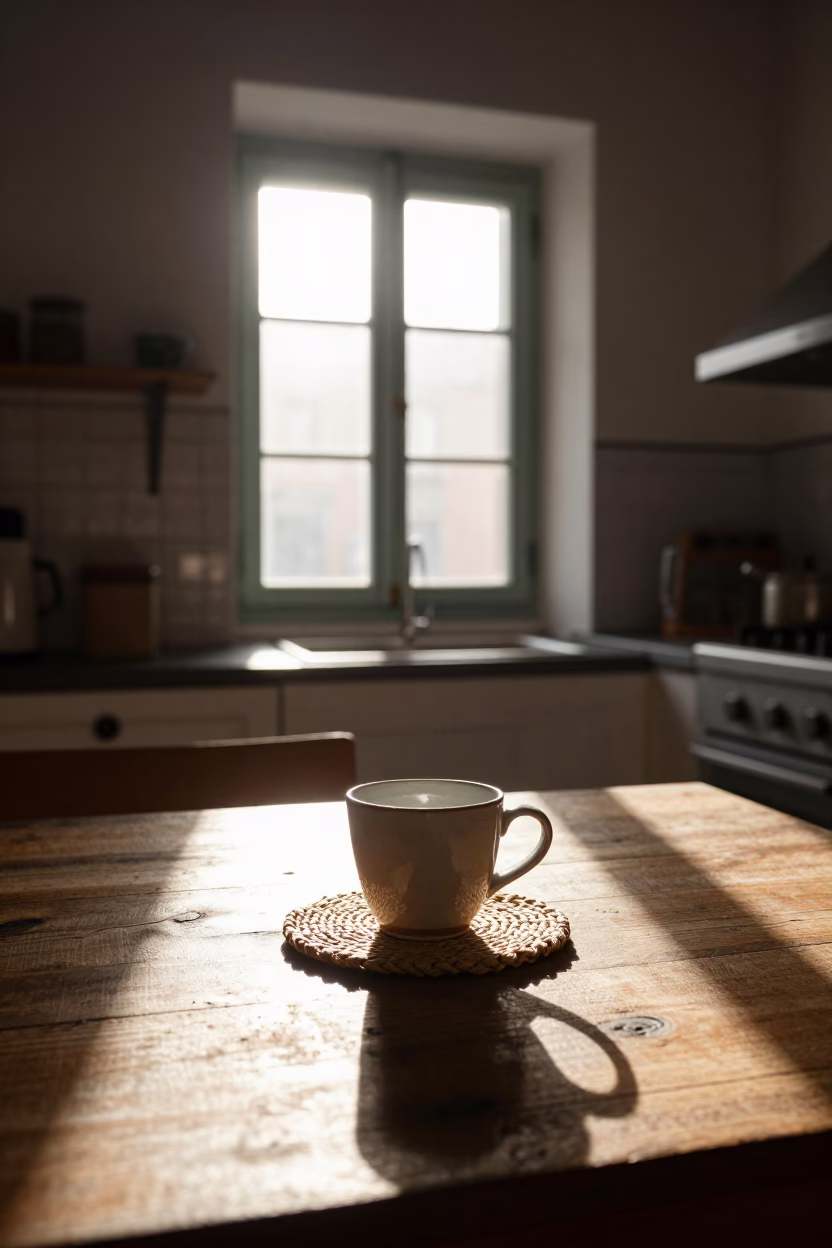Sunlit Palermo Kitchen Interior with Ceramic Cup and Morning Light in in Palermo, Italy