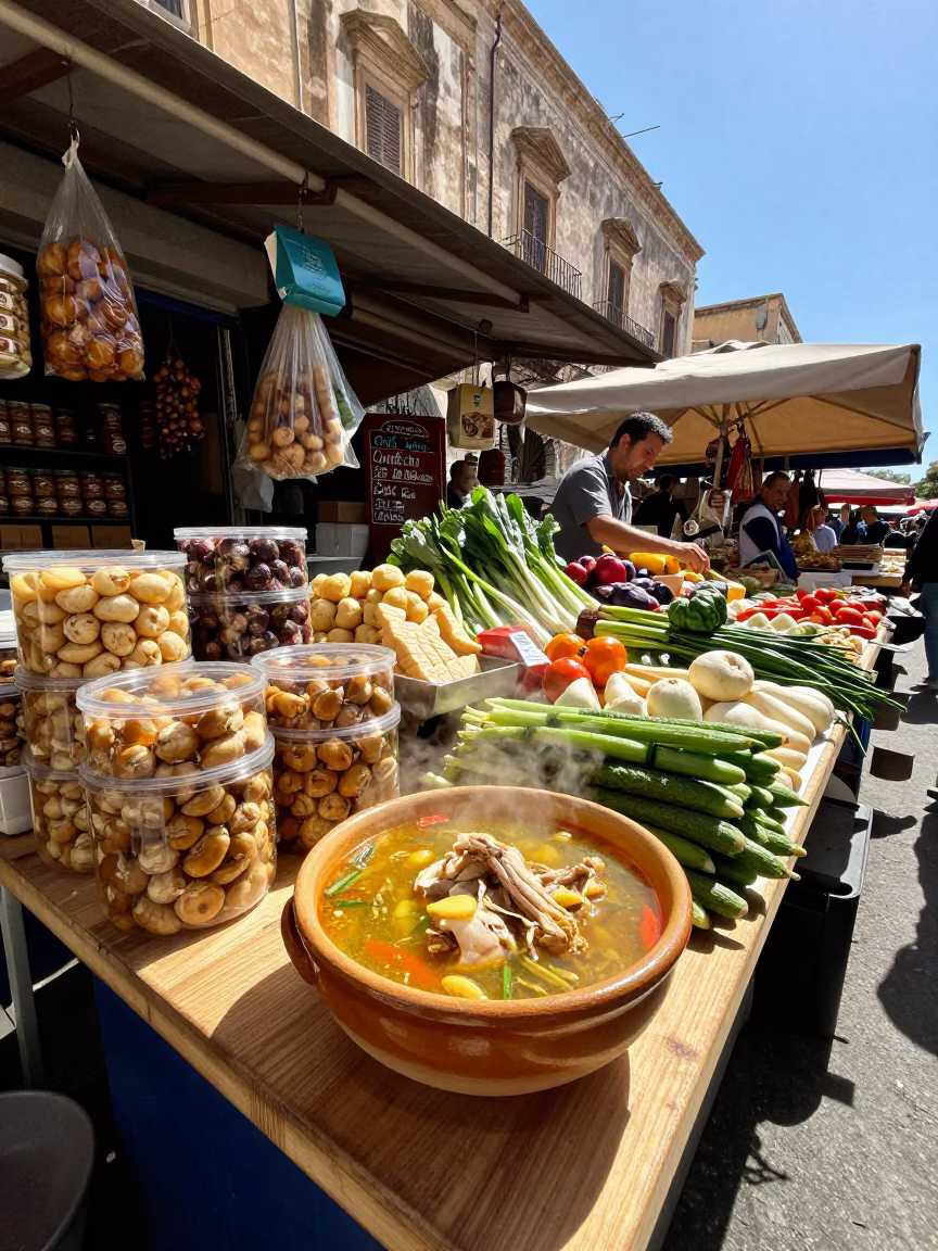 Sunlit Palermo Market Stall Displaying Fresh Food and Local Produce at Midday in in Palermo, Italy