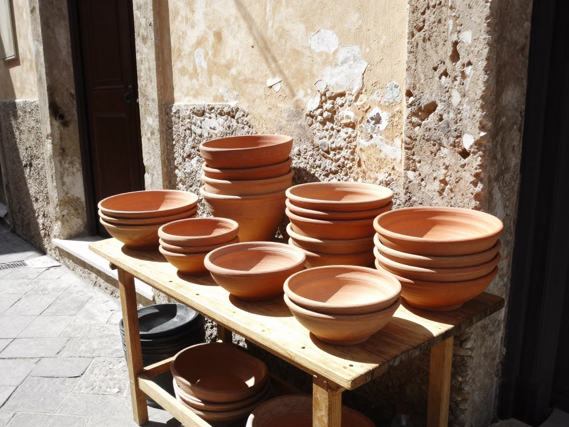 Sunlit Palermo Market Stall Displaying Terracotta Bowls and Hand Tools in in Palermo, Italy