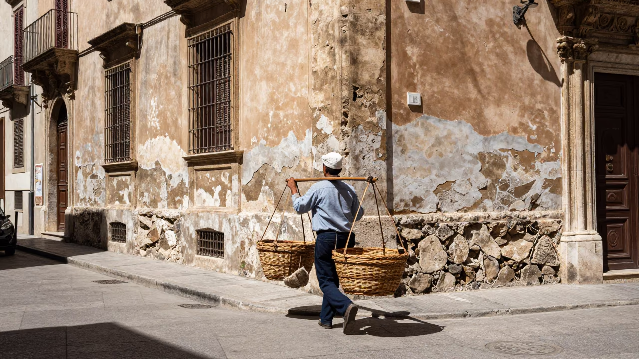 Sunlit Palermo Street Corner Market Porter Carrying Baskets at Midday in in Palermo, Italy