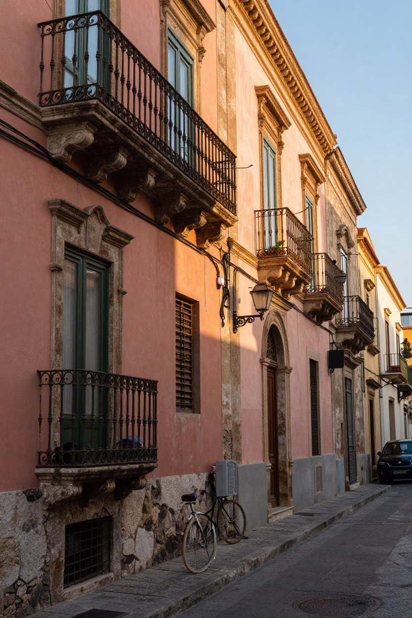 Sunlit Palermo Street Corner with Antique Pocket Watch on Weathered Stone Balcony Railing in in Palermo, Italy