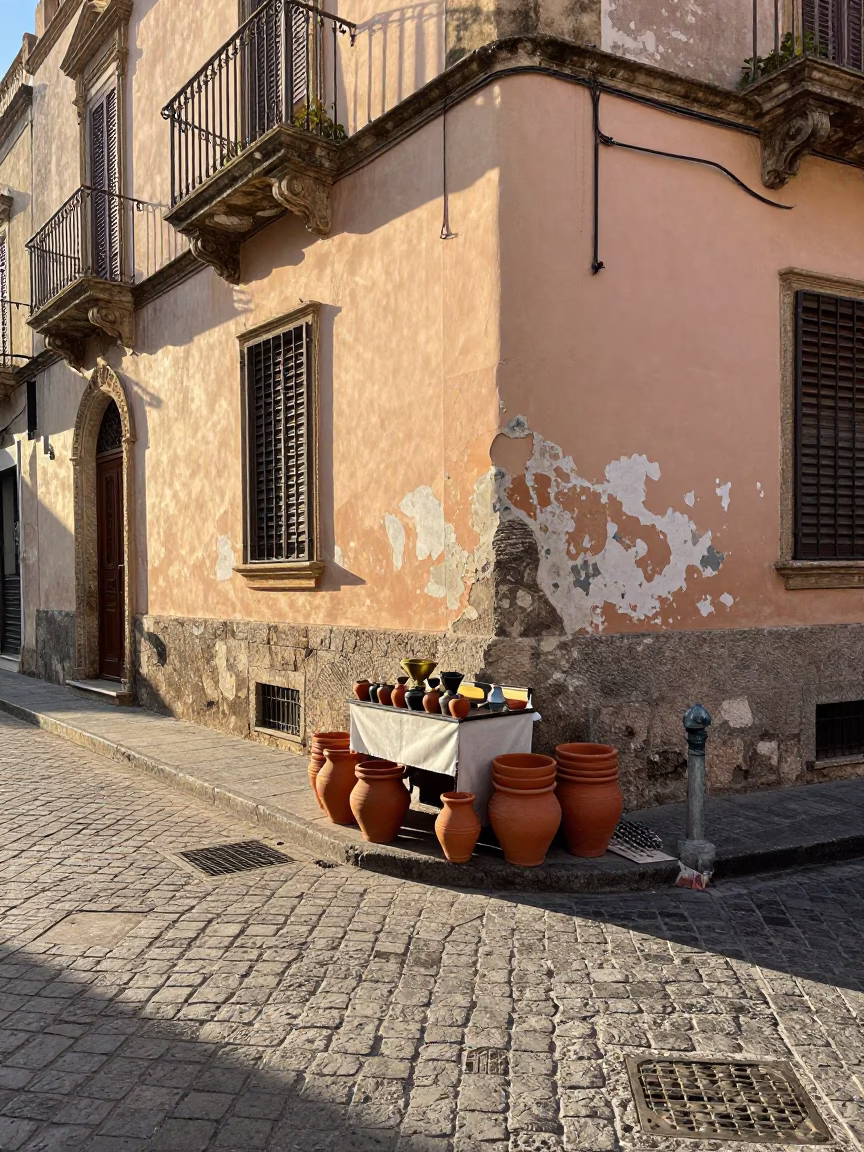 Sunlit Palermo Street Corner with Clay Pots and Brass Tray Detail in in Palermo, Italy