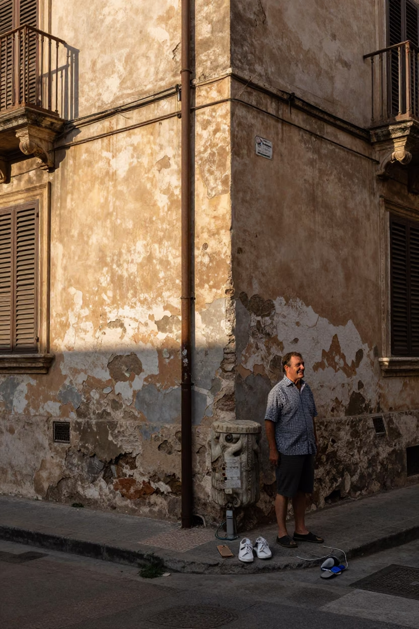 Sunlit Palermo Street Corner with Dusty Wall and Candid Local Life in in Palermo, Italy