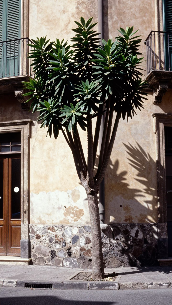 Sunlit Palermo Street Corner with Euphorbia Candelabra Tree and Flowerpot at Noon in in Palermo, Italy
