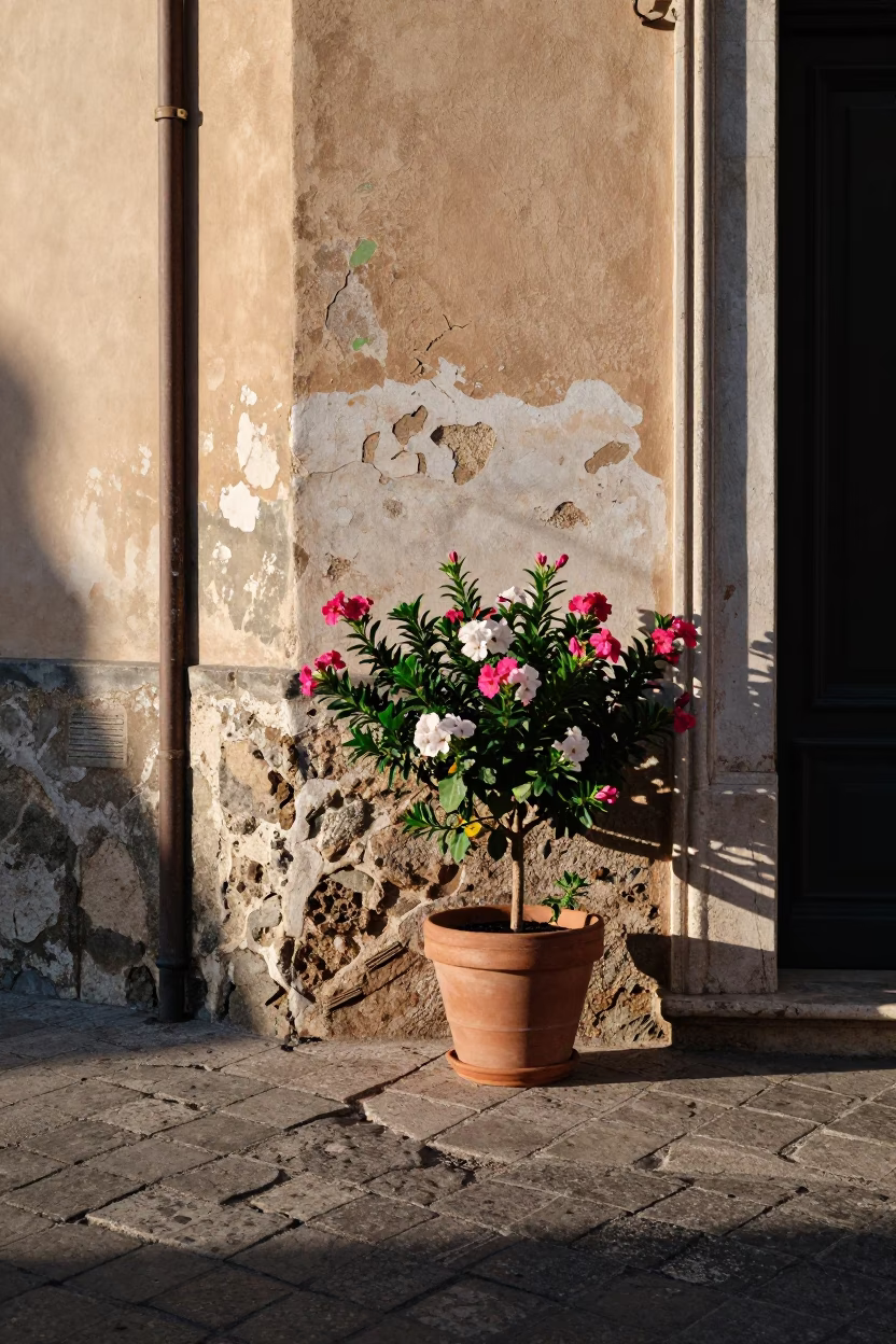 Sunlit Palermo Street Corner with Flowering Plant and Linen Fringe Detail in in Palermo, Italy