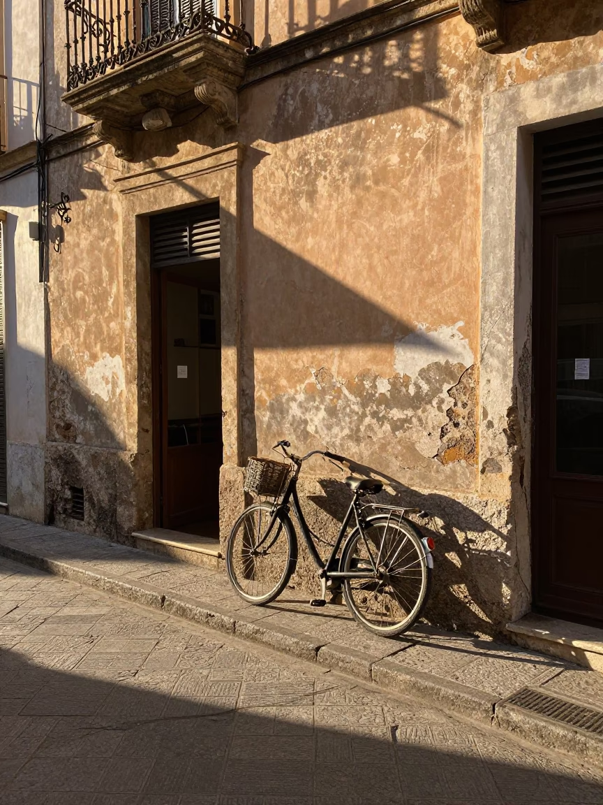 Sunlit Palermo Street Scene with Bicycle and Vintage Details 1960s in in Palermo, Italy