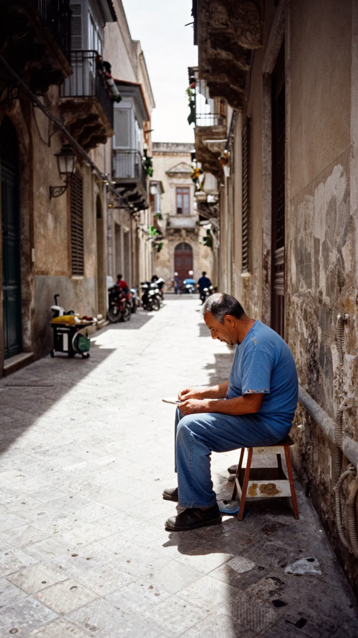 Sunlit Palermo Street Scene with Chipped Blue Enamel and Vine in in Palermo, Italy