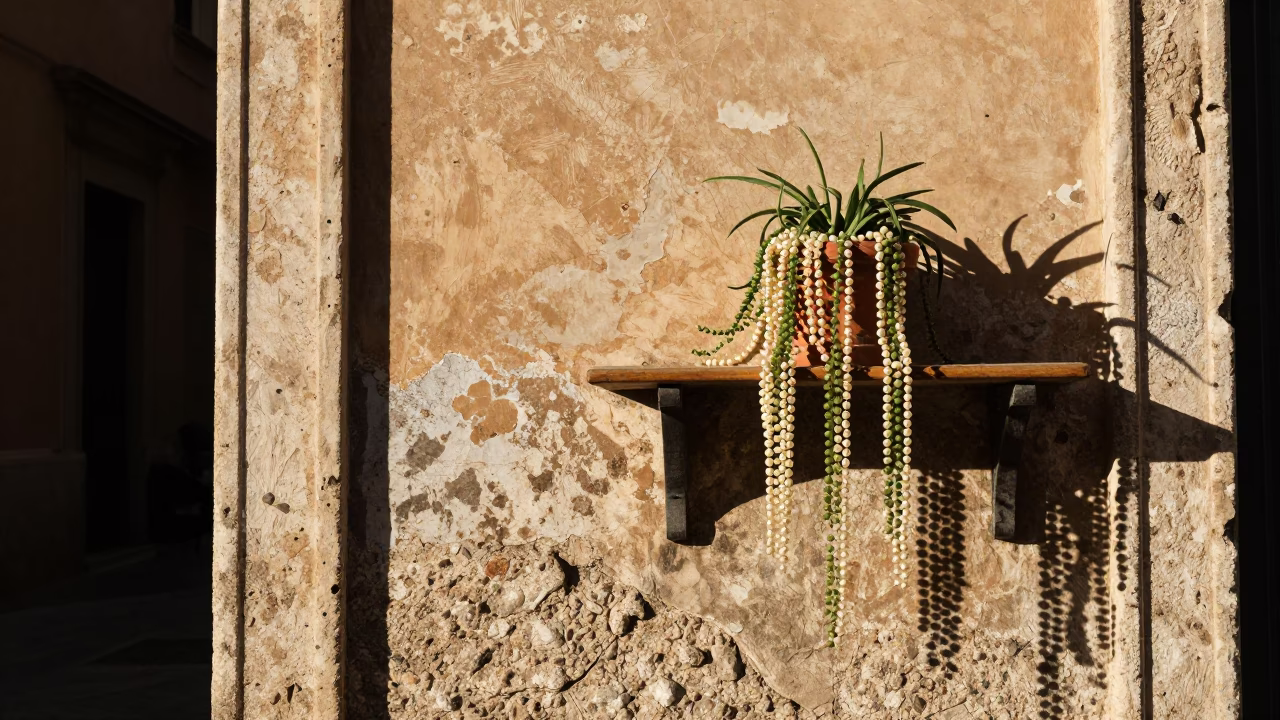 Sunlit Palermo Street Scene with Hanging Pearls Plant and Stone Architecture in in Palermo, Italy
