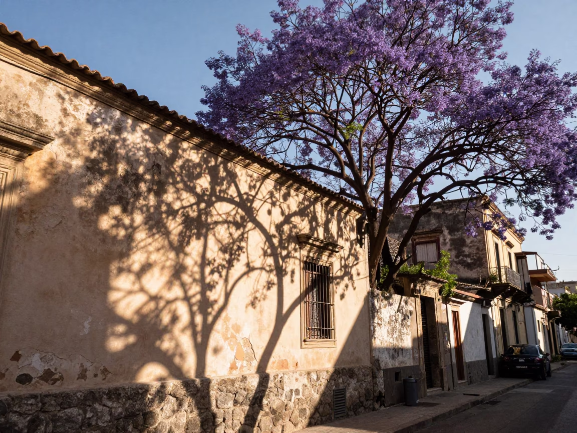 Sunlit Palermo Street Scene with Jacaranda Bloom and Vintage Car Early Afternoon in in Palermo, Italy