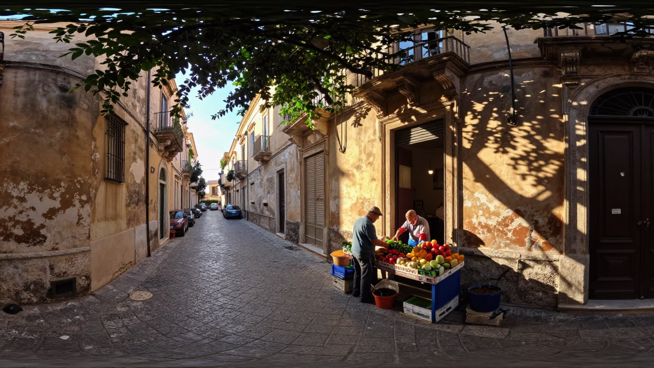 Sunlit Palermo Street Scene with Morning Light and Urban Details in in Palermo, Italy