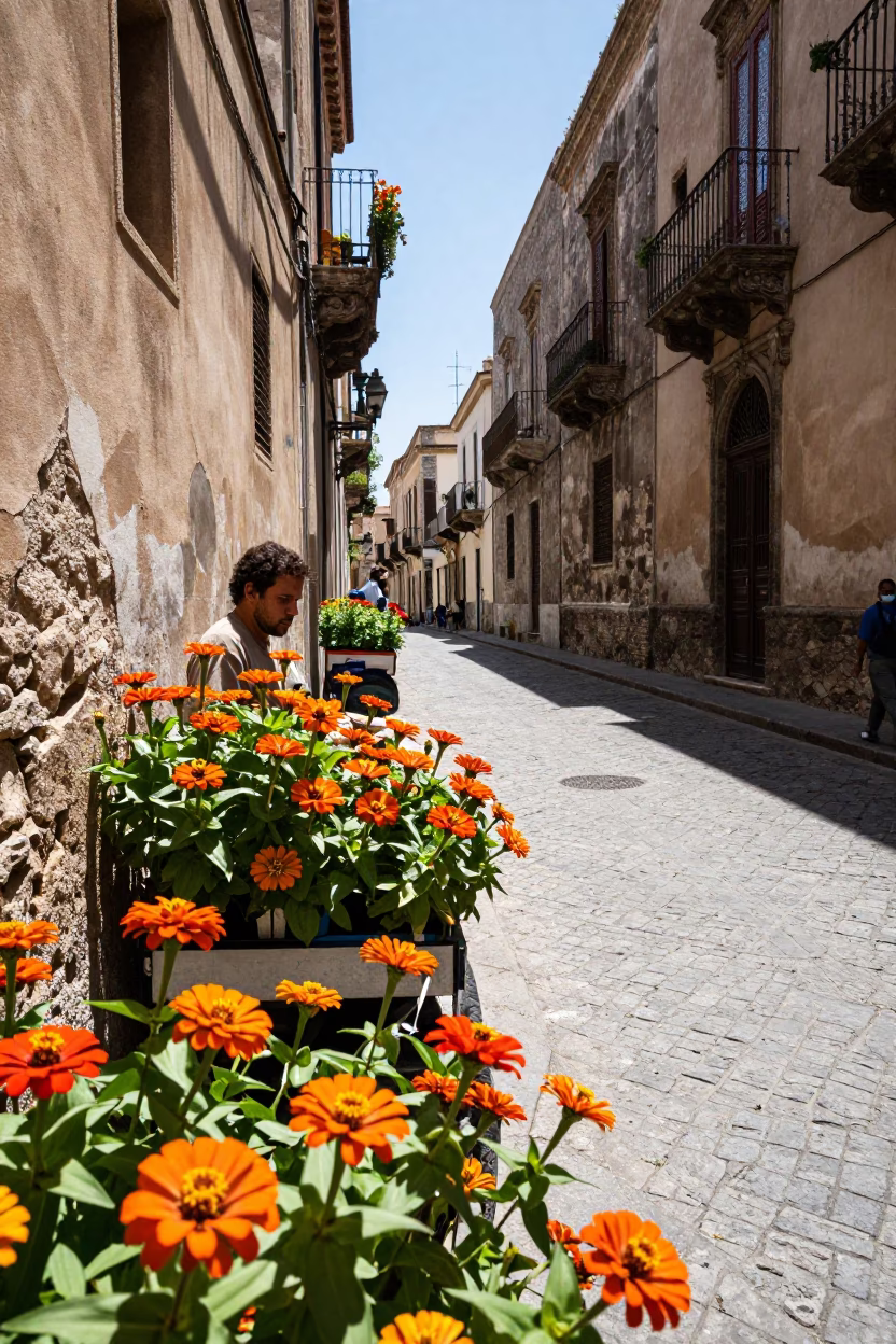 Sunlit Palermo Street Scene with Orange Zinnias and Local Life at Midday in in Palermo, Italy