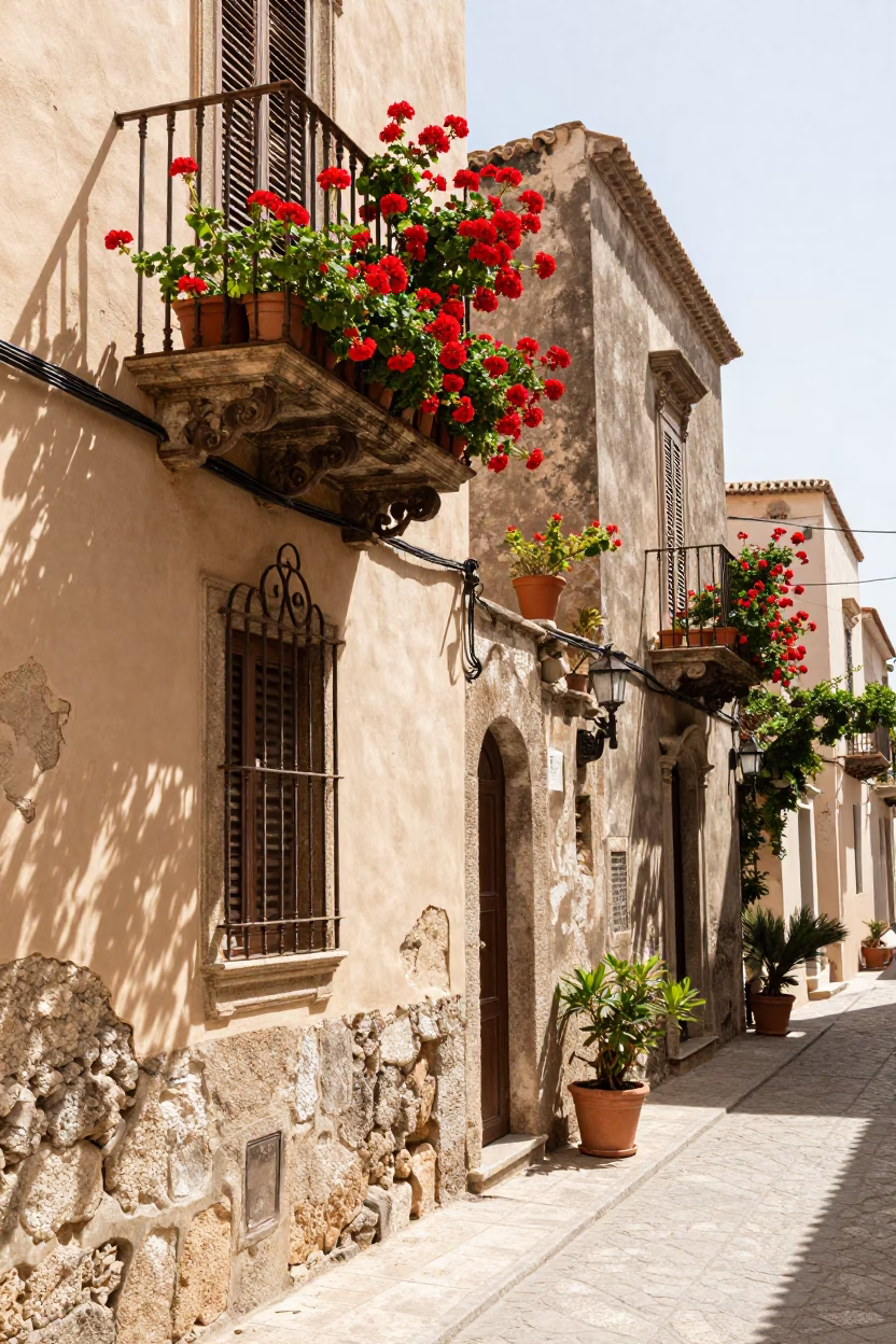 Sunlit Palermo Street Scene with Vibrant Geraniums and Traditional Architecture in Early Afternoon Light in in Palermo, Italy