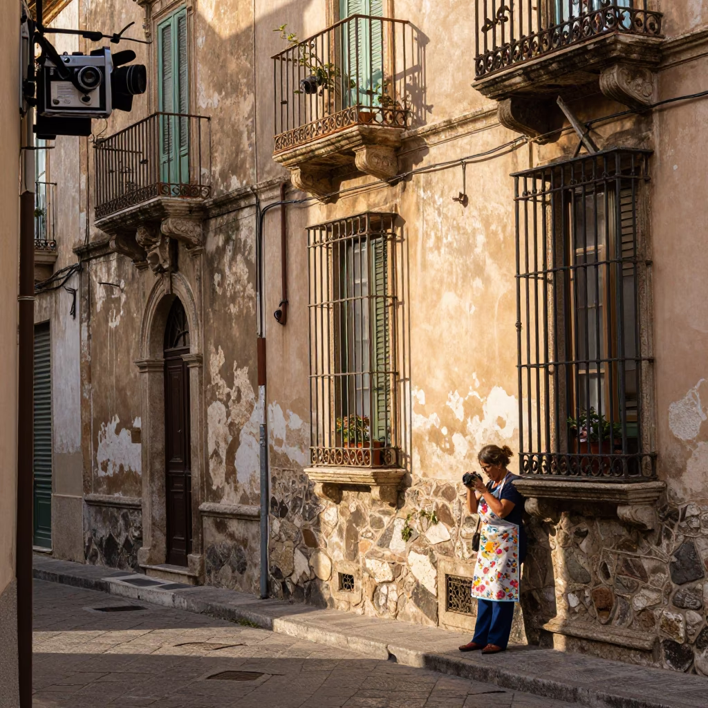 Sunlit Palermo Street Scene with Vintage Camera and Local Details at Dawn in in Palermo, Italy