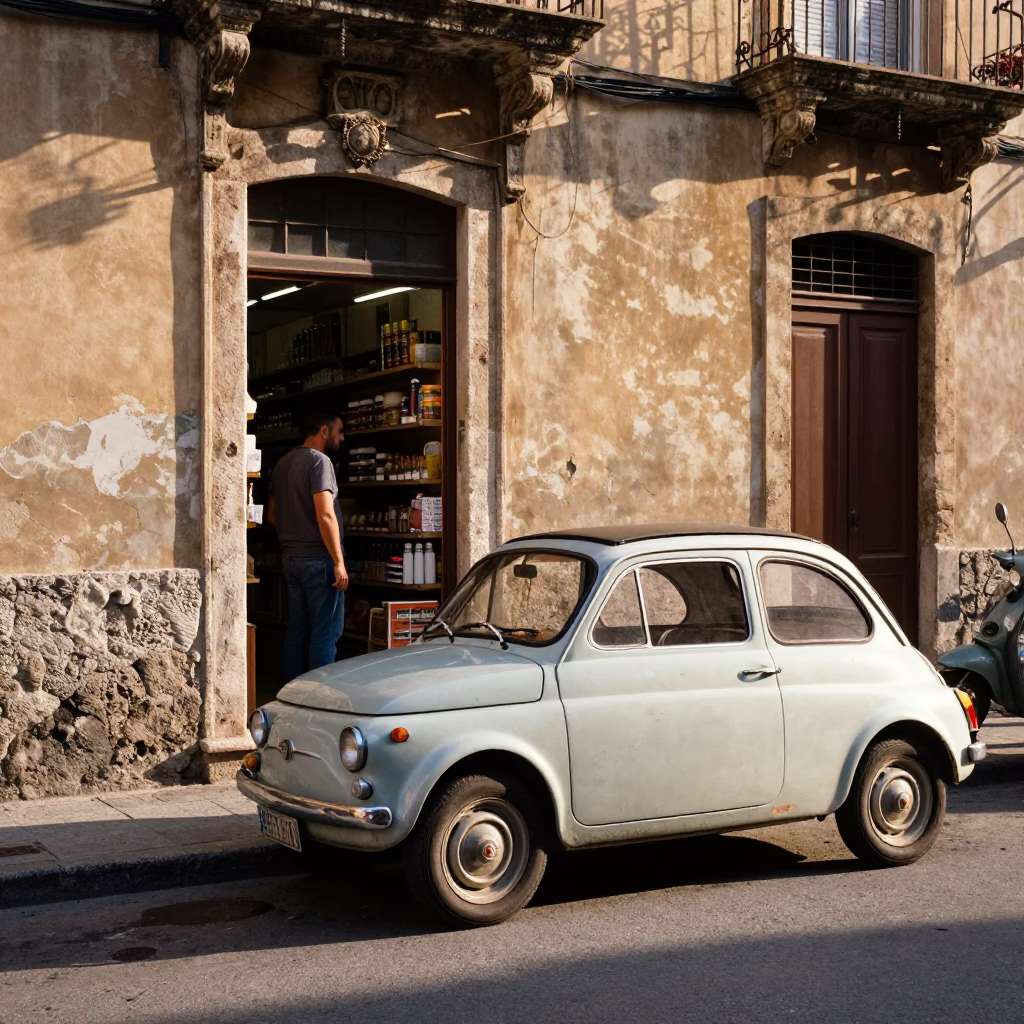 Sunlit Palermo Street Scene with Vintage Car and Local Shopkeeper in Italy in in Palermo, Italy
