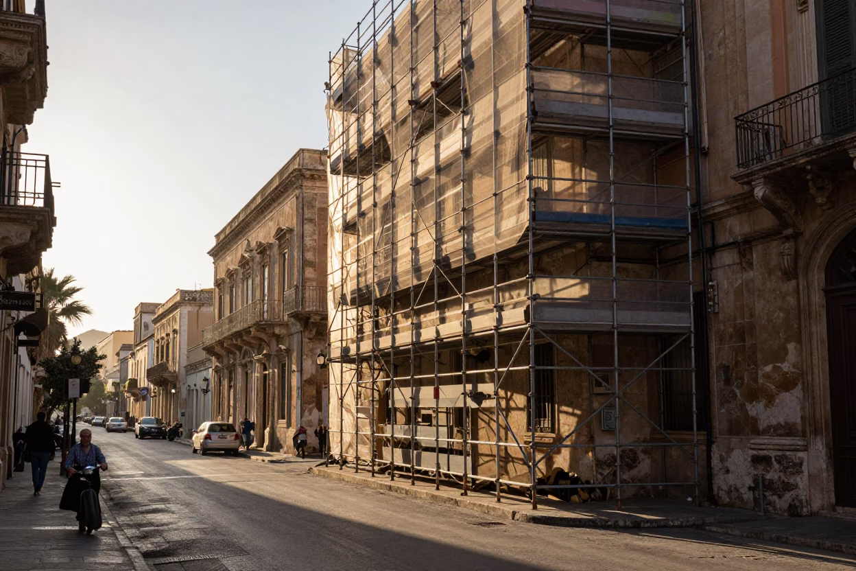 Sunlit Palermo Street Scene with Vintage Scaffolding and Morning Light in in Palermo, Italy