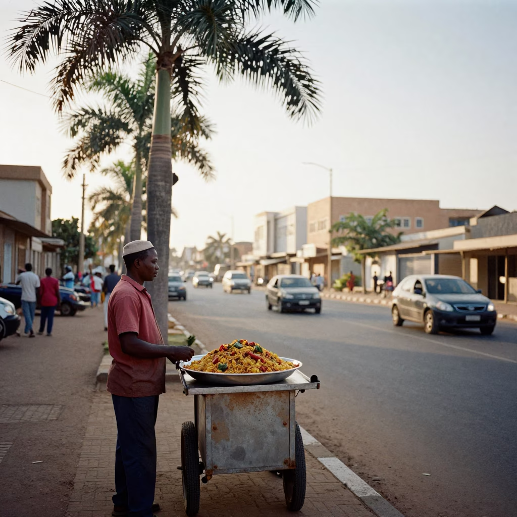 Sunlit Palm Avenue and Koshari Plate in Morning Dakar Senegal Street Scene in in Dakar, Senegal