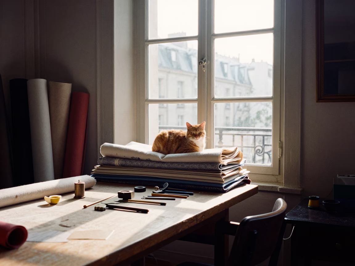 Sunlit Parisian Atelier Interior with Tailoring Tools and Cat in in Paris, France