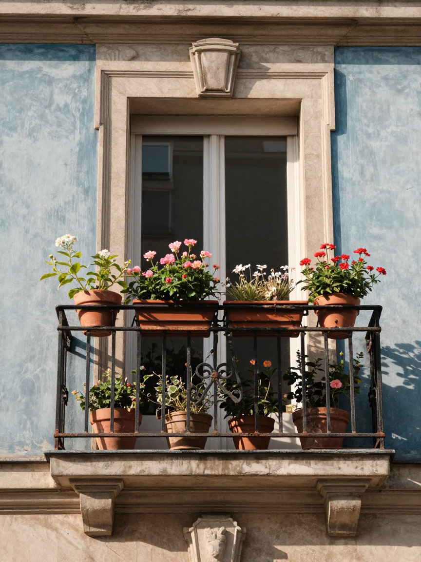 Sunlit Parisian Balcony with Flowering Plants and Ceramic Tiles in in Paris, France