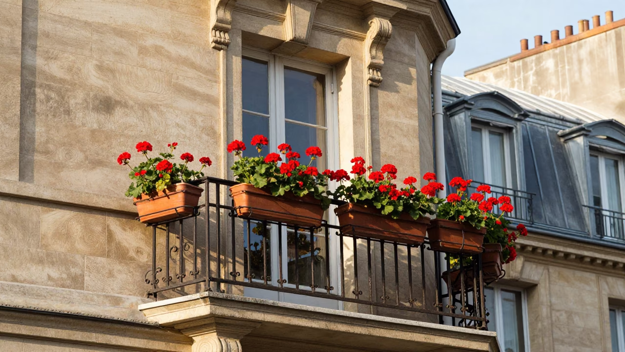 Sunlit Parisian Balcony with Red Geraniums and Rustic Ceramic Details in in Paris, France