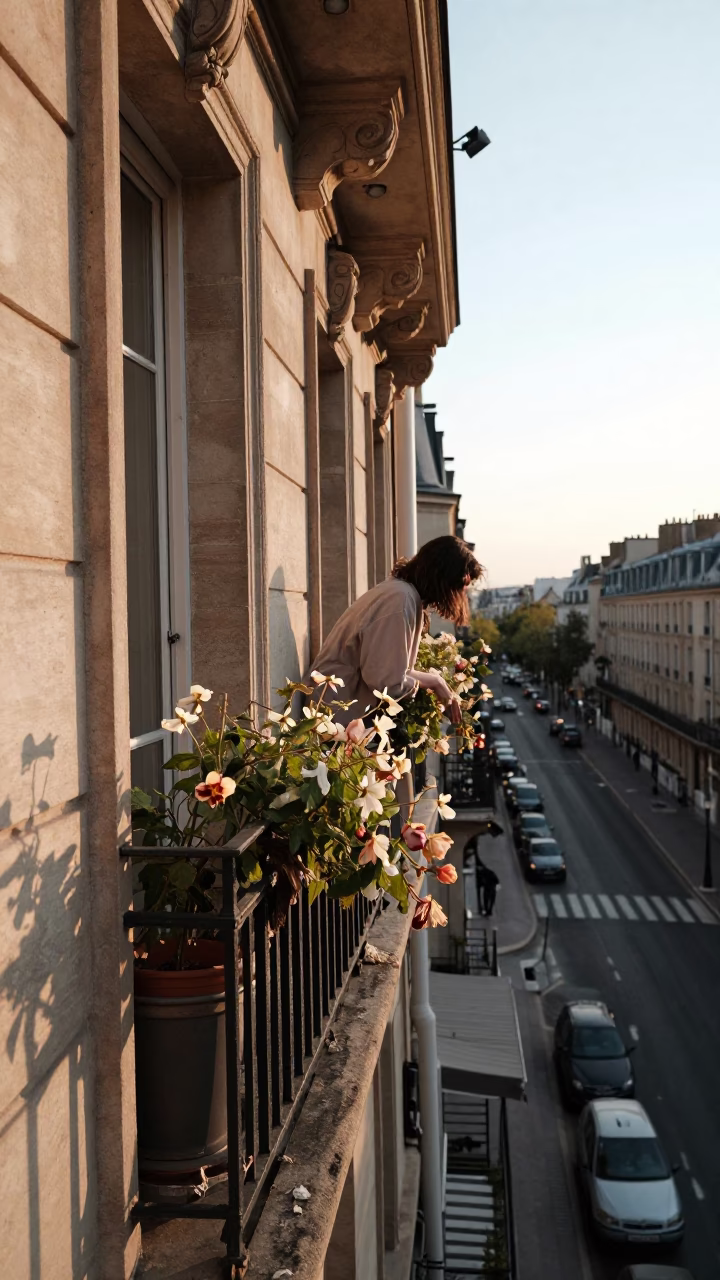Sunlit Parisian Balcony with Wilted Flowers and Morning Light in in Paris, France