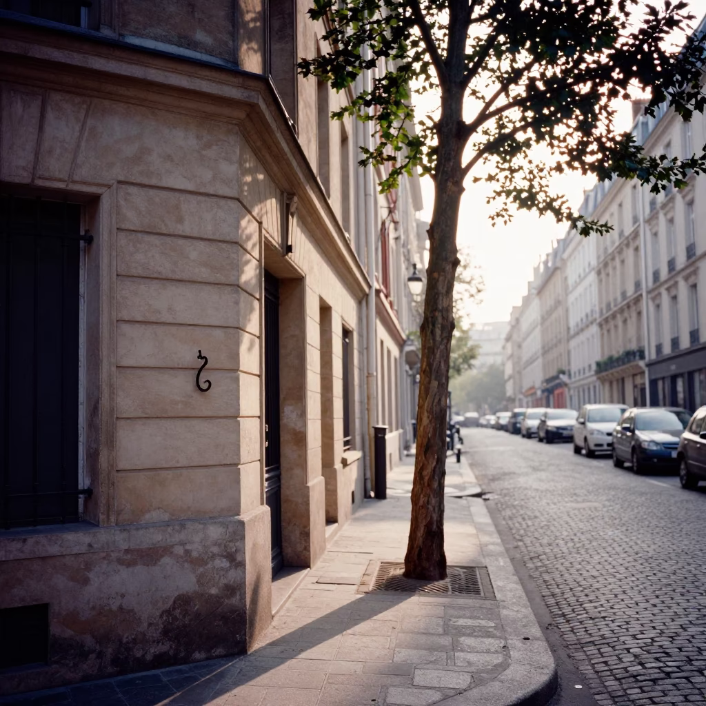 Sunlit Parisian Street Corner with Fig Tree and Morning Light in in Paris, France