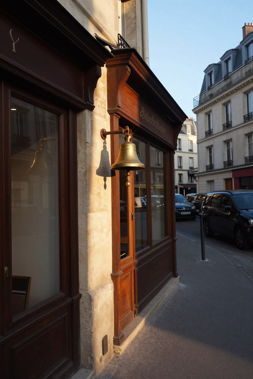 Sunlit Parisian Street Scene with Brass Bell and Ranunculus Bouquet in Glass Jar in in Paris, France