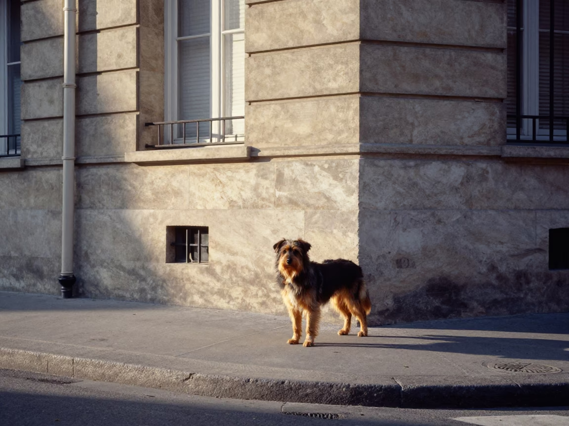 Sunlit Parisian Street Scene with Kromfohrlander Dog and Vintage Chair in in Paris, France