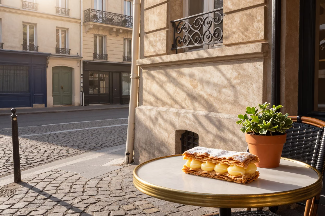 Sunlit Parisian Street Scene with Mille-Feuille and Potted Herbs in 1960s France in in Paris, France