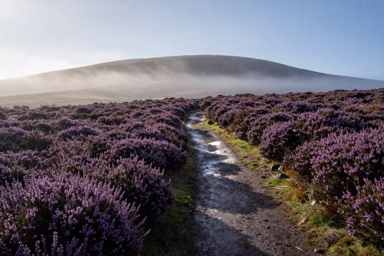 Sunlit Path Through Wet Heather Moor Near Merida in near Merida