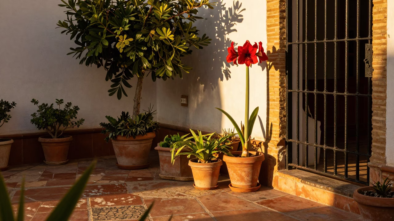 Sunlit Patio in Seville at Honeyed Evening Light in in Seville, Spain